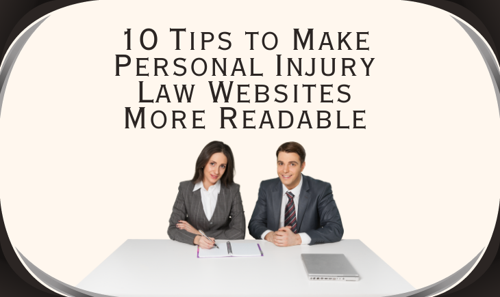 There is a long table with a man and a woman in business attire. Atop is the article title, "10 Tips to Make Personal Injury Law Websites More Readable." There are black and gray corners around the image.