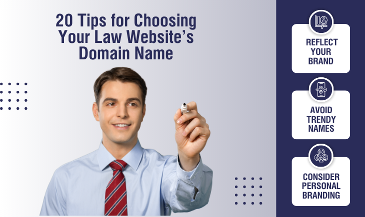 There is a man in a suit and tie writing with a marker. Above him is the title of the article, "20 Tips for Choosing Your Law Website's Domain Name." To the right of the man are three things that will help you choose a domain name that is also mentioned in the article.