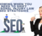 The title of the article, "Knowing When You Need to Shift Personal Injury Law SEO Strategies," is written on top of an SEO graphic. To the right of it is a woman in business attire biting her eyeglasses.