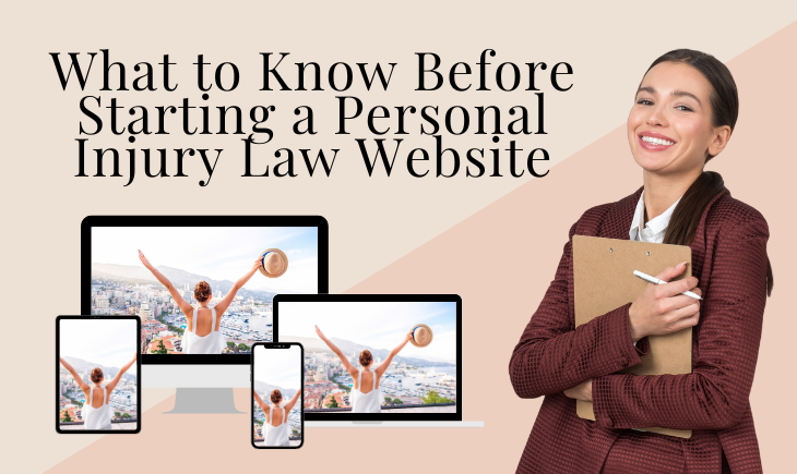 There is a woman in maroon business attire holding a clipboard to her chest. On the bottom-left are a desktop computer, laptop, tablet, and phone all showing a woman with her back toward us raising her hands and holding a hat. The article title, "What to Know Before Starting a Personal Injury Law Website," is above them.