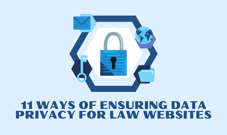 There is a graphic relating to online security in the middle of the image. Below the graphic is the article title, "11 Ways of Ensuring Data Privacy for Law Websites."