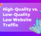 There is a translucent square with the article title, "High-Quality vs. Low-Quality Law Website Traffic." Around it is a rocket, line graphs, a successful business.