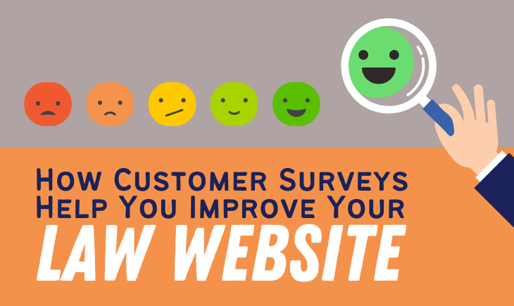 There are five emojis ranging from very sad to very happy. A hand is holding a magnifying glass up and zooming in on the happiest emoji. Below these emojis is the article title, "How Customer Surveys Help You Improve Your Law Website."