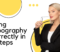 There is a woman in business attire chewing lightly on her eyeglasses. Behind her are yellow circles for decoration. The article title, "Using Typography Correctly in 11 Steps," is beside her.